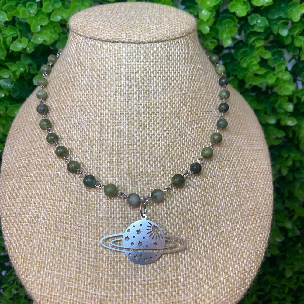 Green Jade Necklace with Planet Pendant